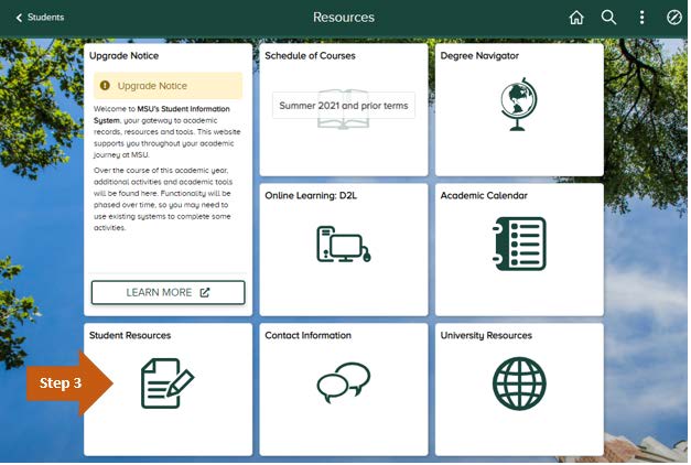 Step 3: Select “Student Resource” tile from the dashboard options 